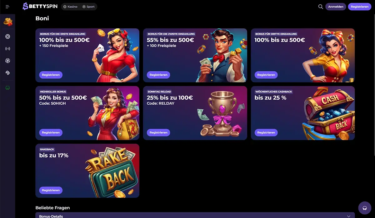 BettySpin Casino Willkommensbonus