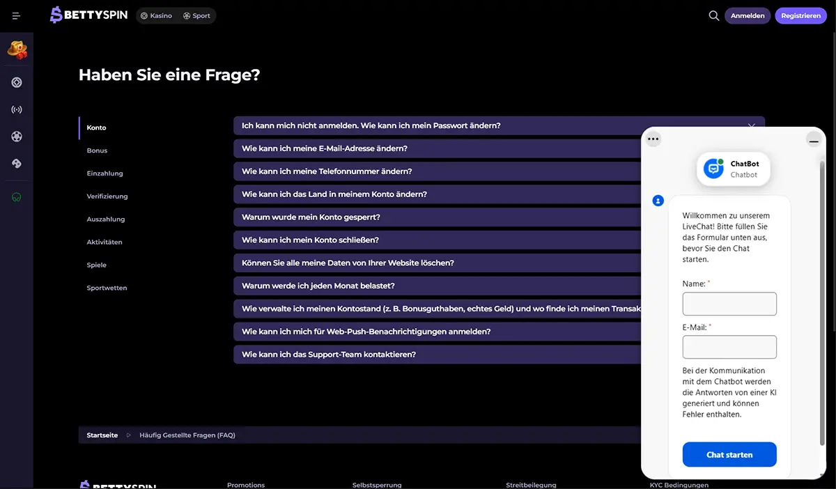 BettySpin Casino Kundensupport